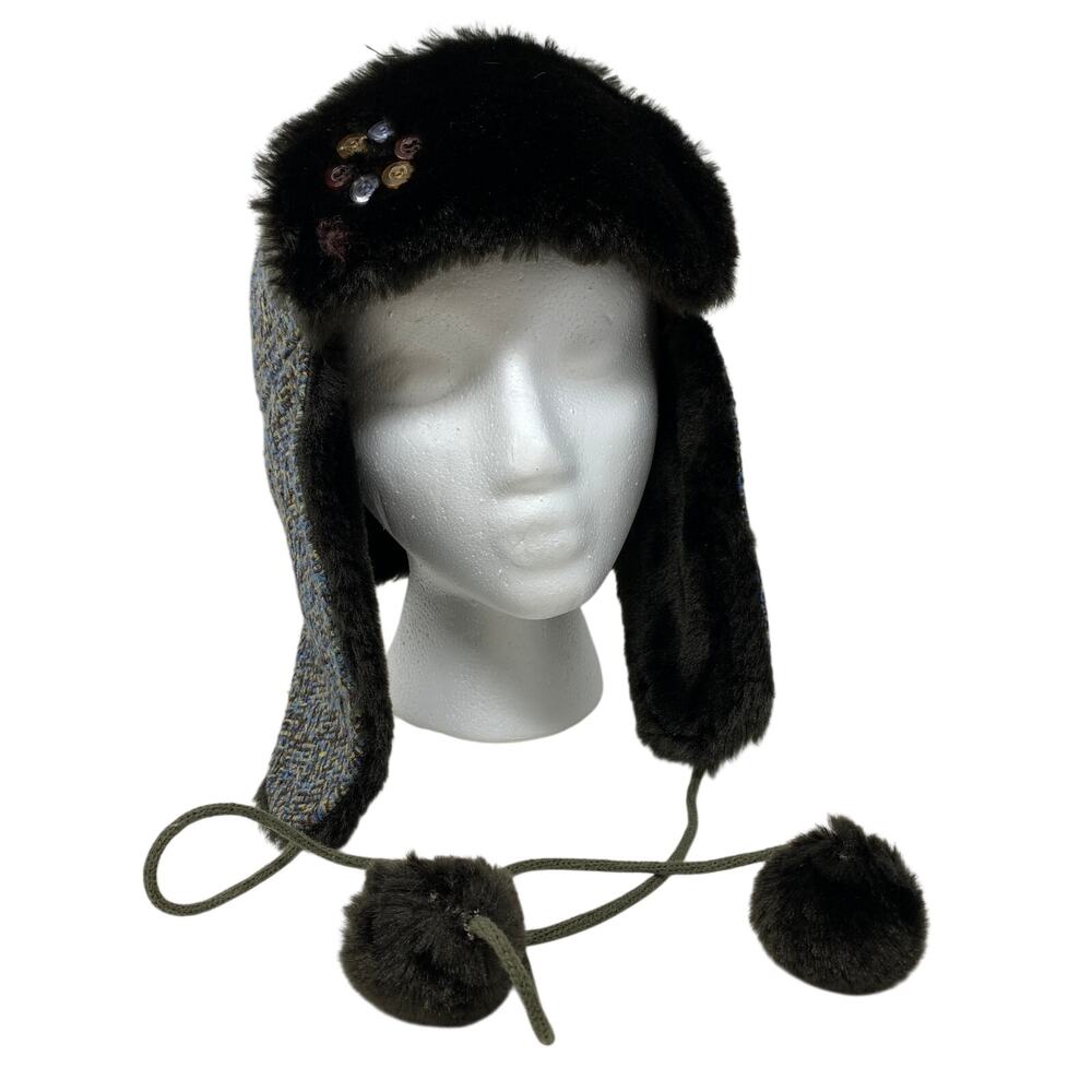 L.E.I. Faux Fur Trapper Hat Womens Knit Ear Flap Pom Pom Sequin Winter Y2K